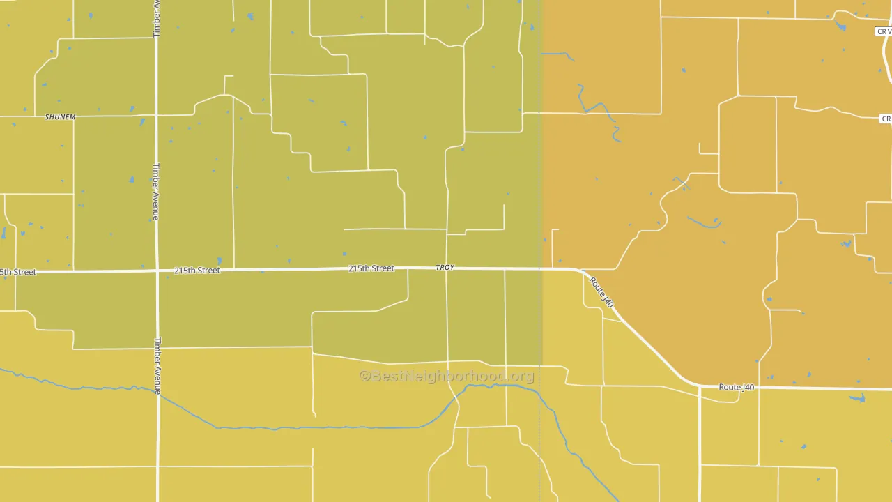 Map of the best neighborhoods in the Troy area, with better matches in green and worse matches in red