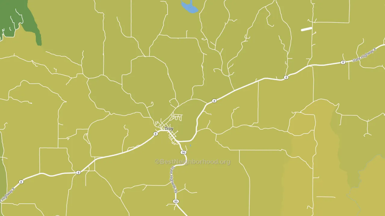 Map of the best neighborhoods in the Troy area, with better matches in green and worse matches in red