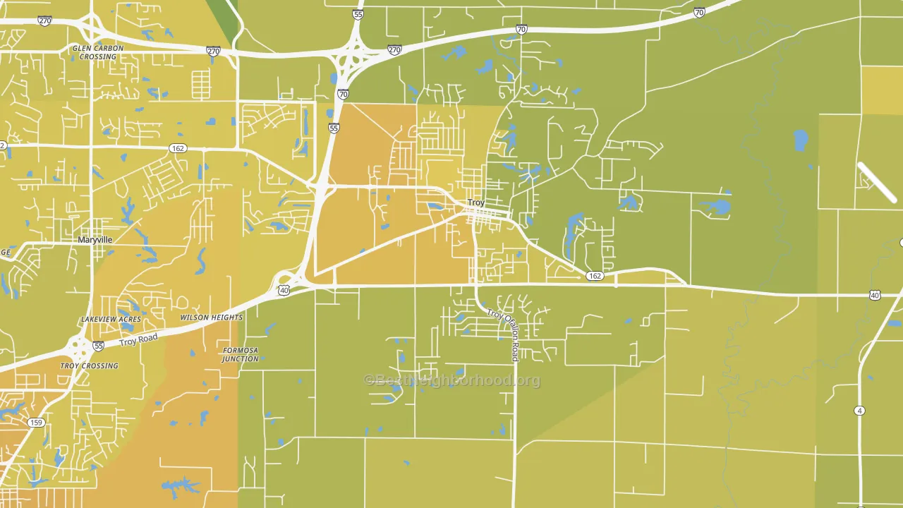 Map of the best neighborhoods in the Troy area, with better matches in green and worse matches in red