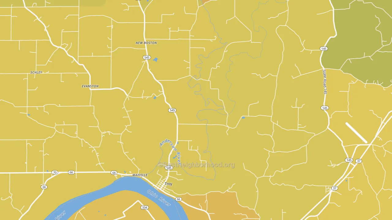 Map of the best neighborhoods in the Troy area, with better matches in green and worse matches in red