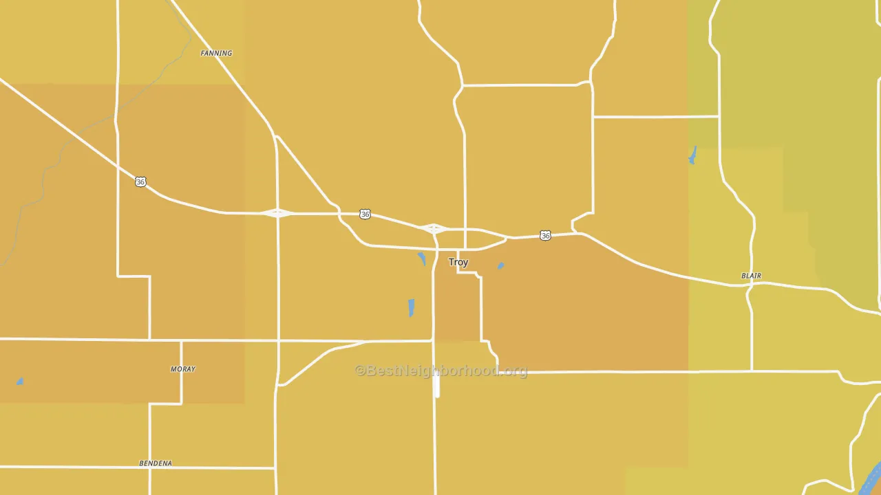 Map of the best neighborhoods in the Troy area, with better matches in green and worse matches in red