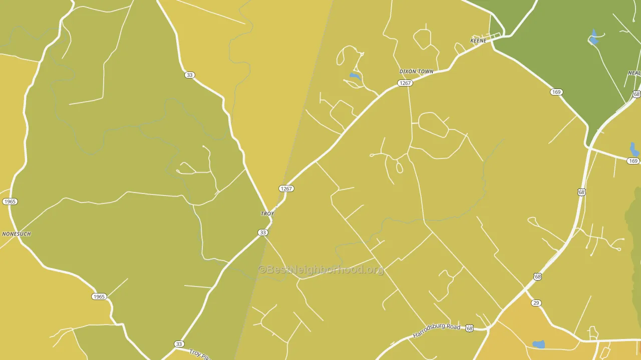 Map of the best neighborhoods in the Troy area, with better matches in green and worse matches in red