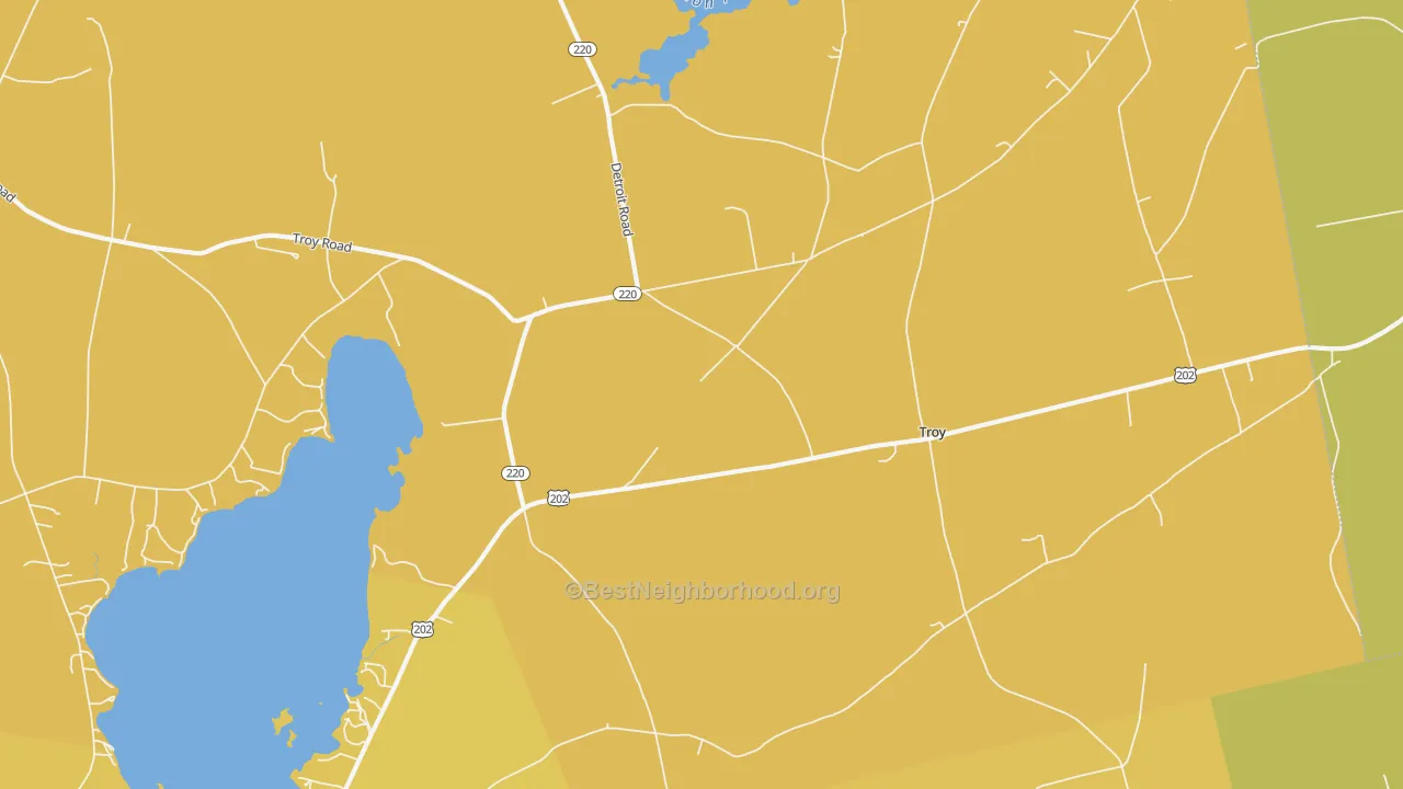 Map of the best neighborhoods in the Troy area, with better matches in green and worse matches in red