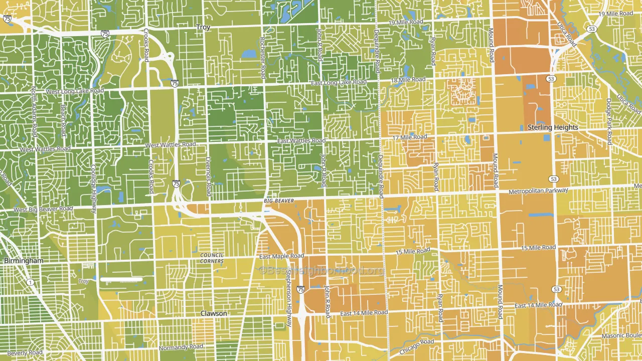 Map of the best neighborhoods in the Troy area, with better matches in green and worse matches in red