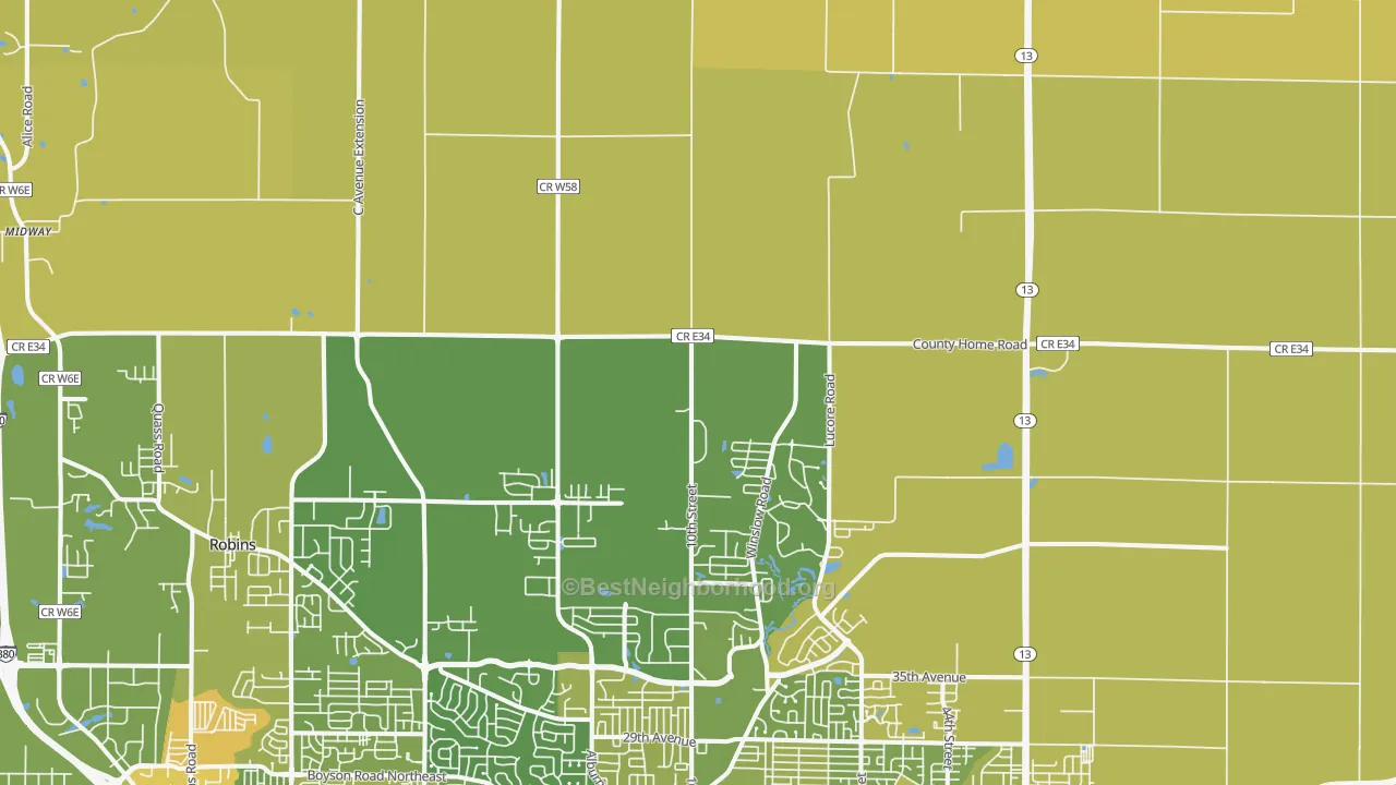 Map of the best neighborhoods in the Troy Mills area, with better matches in green and worse matches in red