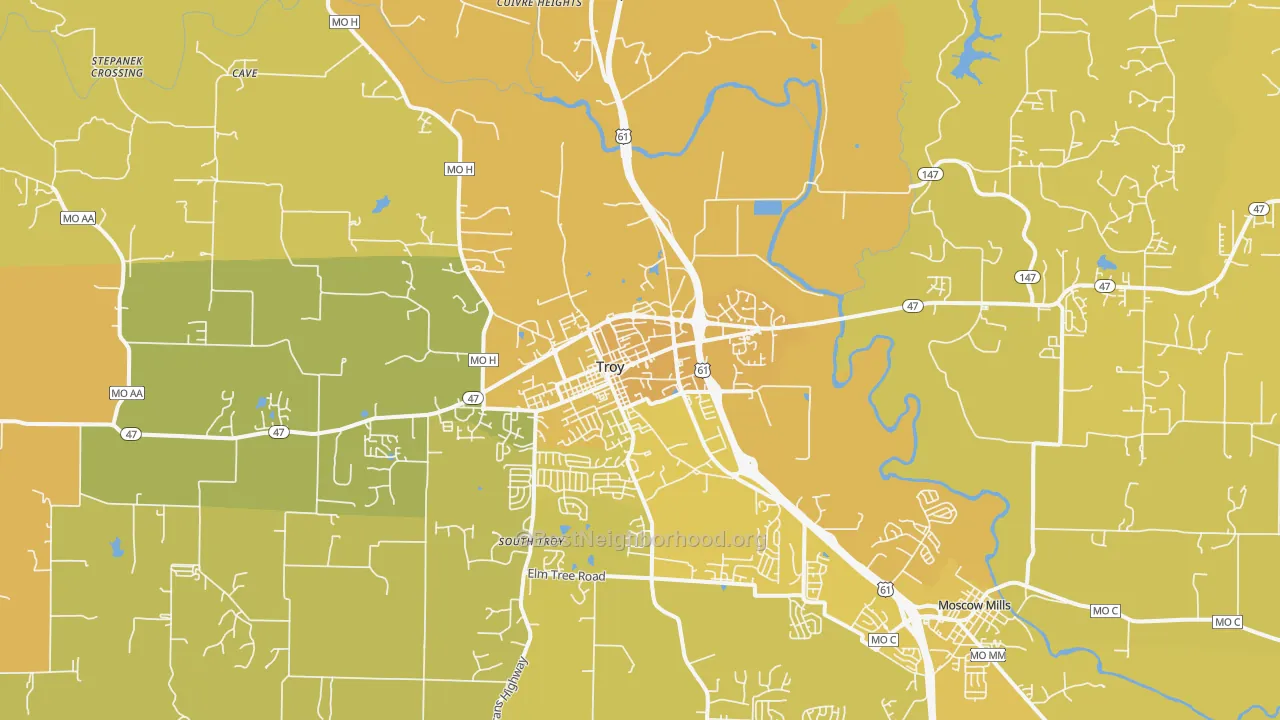 Map of the best neighborhoods in the Troy area, with better matches in green and worse matches in red