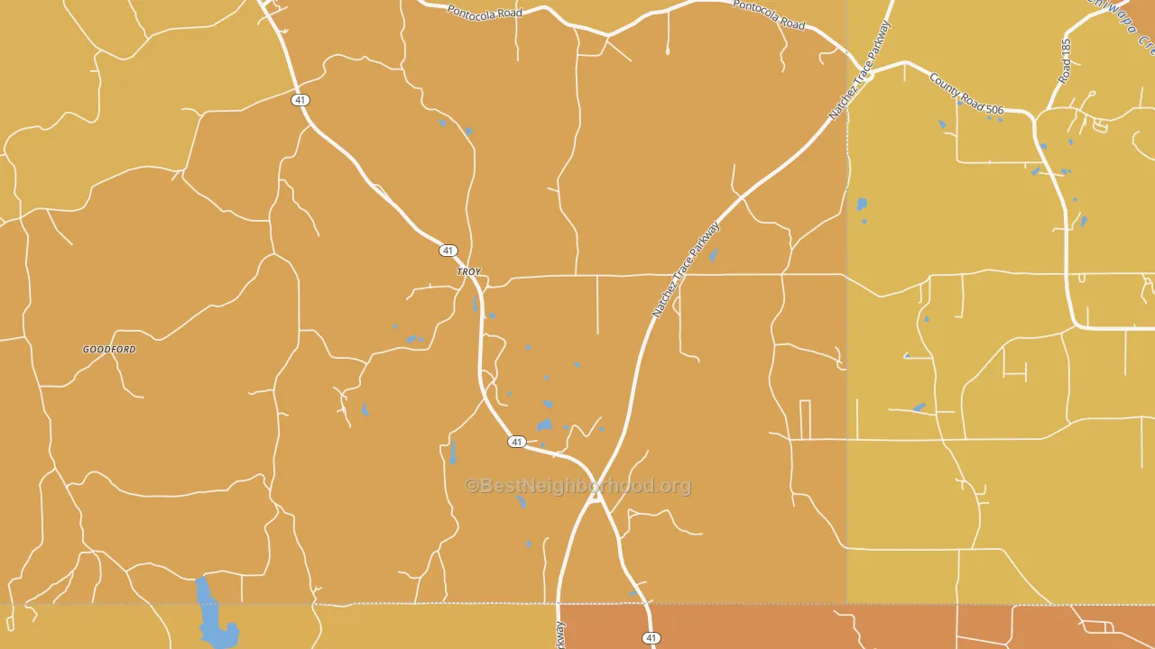 Map of the best neighborhoods in the Troy area, with better matches in green and worse matches in red
