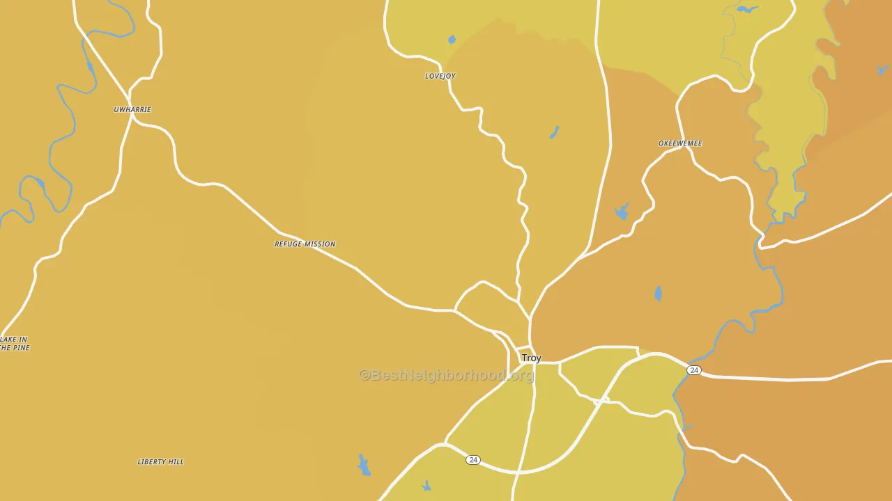 Map of the best neighborhoods in the Troy area, with better matches in green and worse matches in red