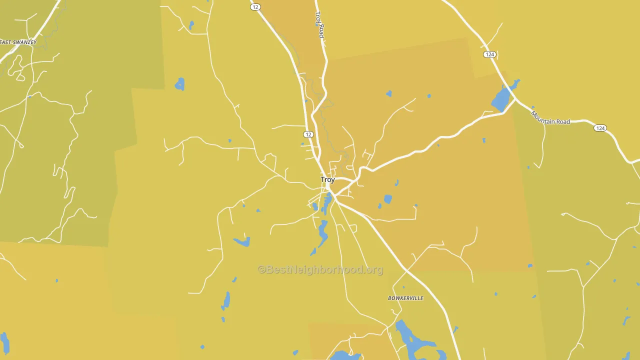 Map of the best neighborhoods in the Troy area, with better matches in green and worse matches in red