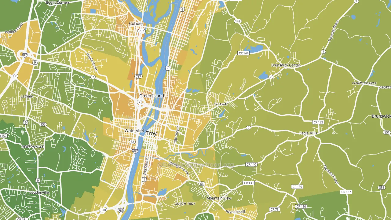 Map of the best neighborhoods in the Troy area, with better matches in green and worse matches in red