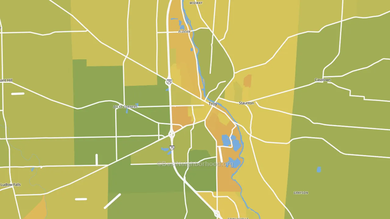 Map of the best neighborhoods in the Troy area, with better matches in green and worse matches in red