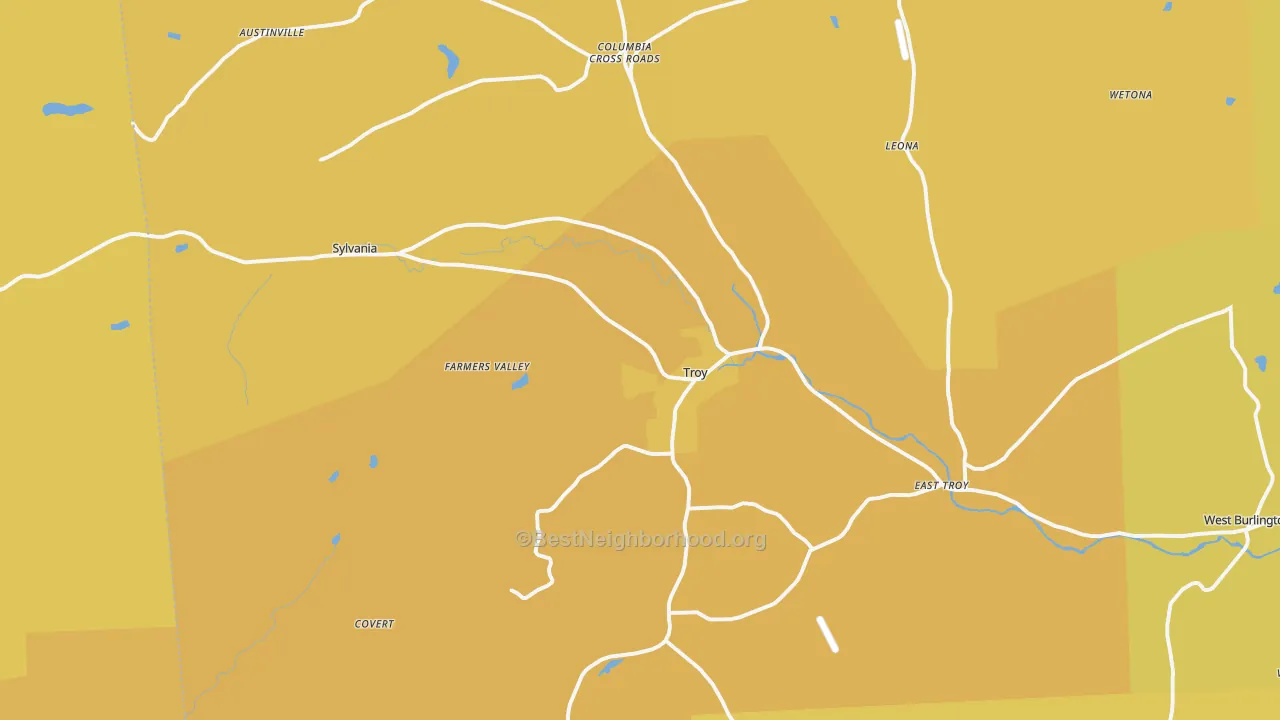 Map of the best neighborhoods in the Troy area, with better matches in green and worse matches in red