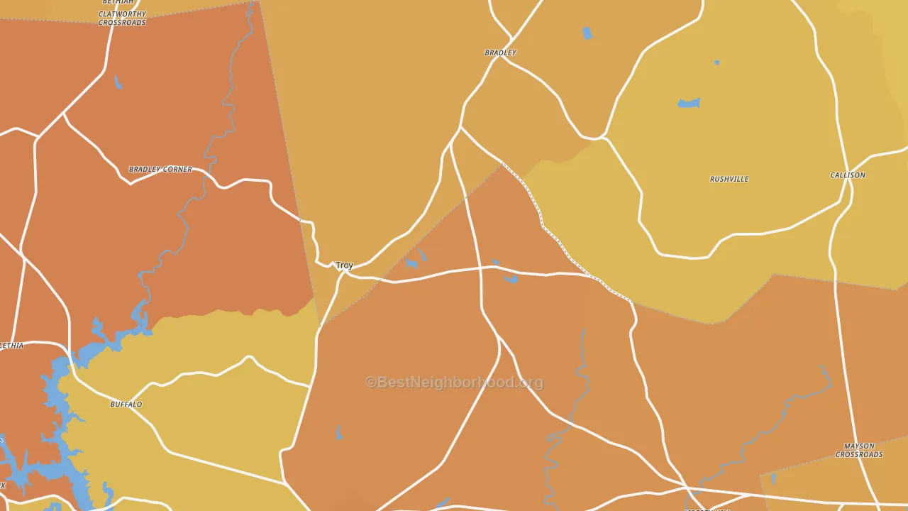 Map of the best neighborhoods in the Troy area, with better matches in green and worse matches in red