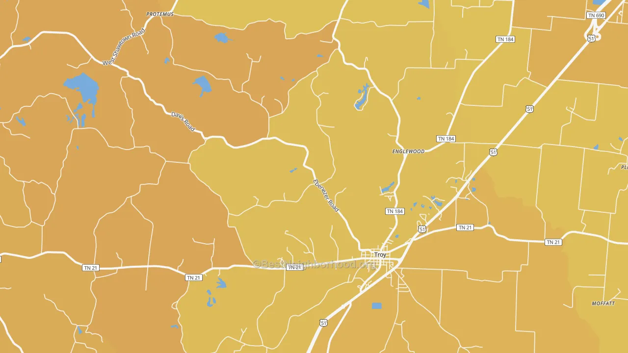 Map of the best neighborhoods in the Troy area, with better matches in green and worse matches in red