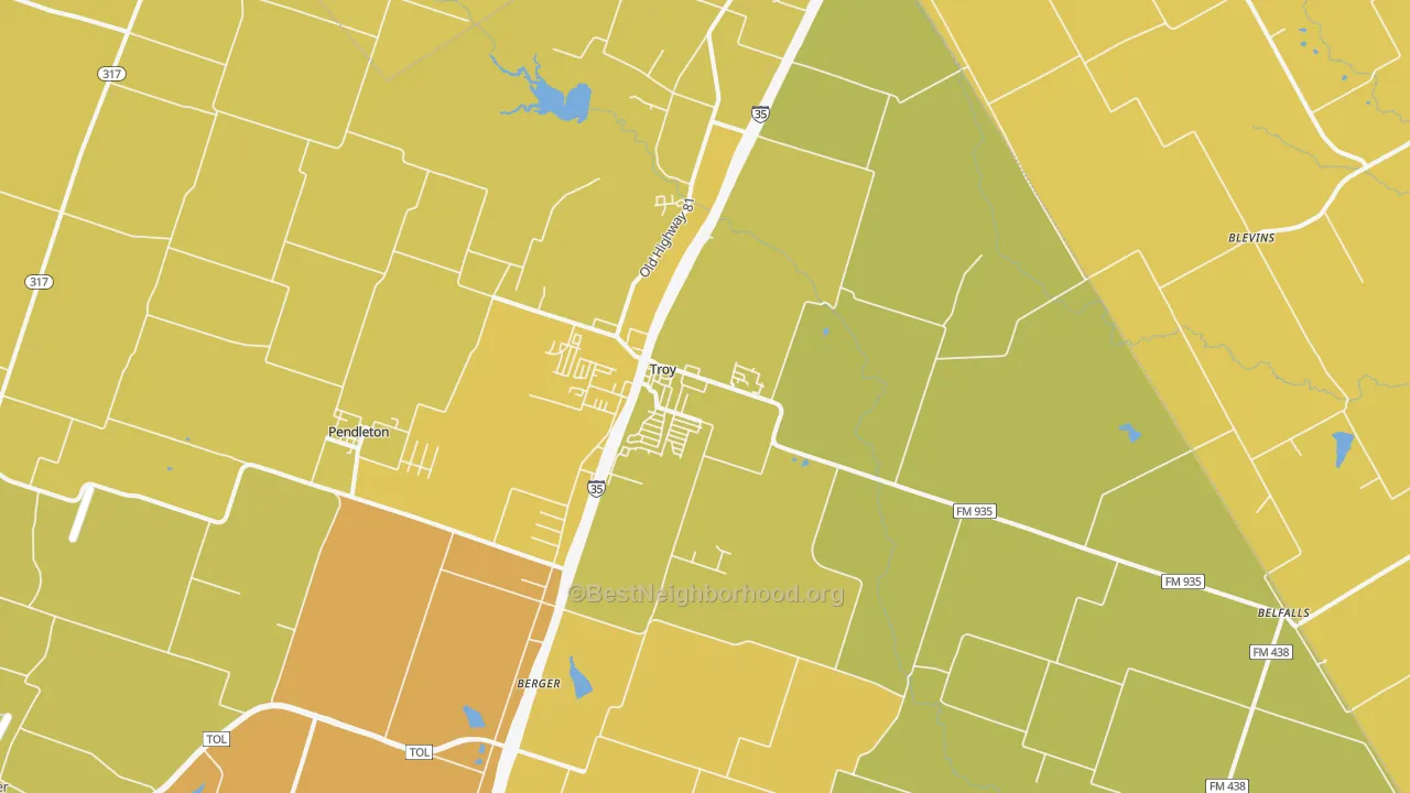 Map of the best neighborhoods in the Troy area, with better matches in green and worse matches in red