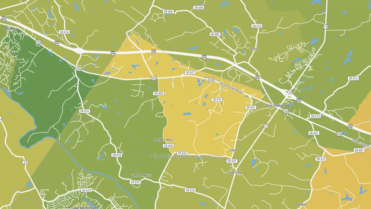 Map of the best neighborhoods in the Troy area, with better matches in green and worse matches in red