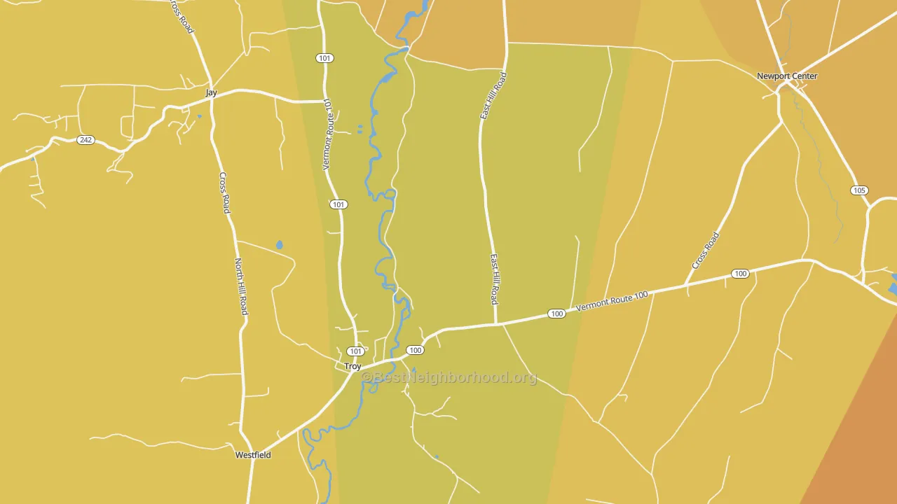 Map of the best neighborhoods in the Troy area, with better matches in green and worse matches in red