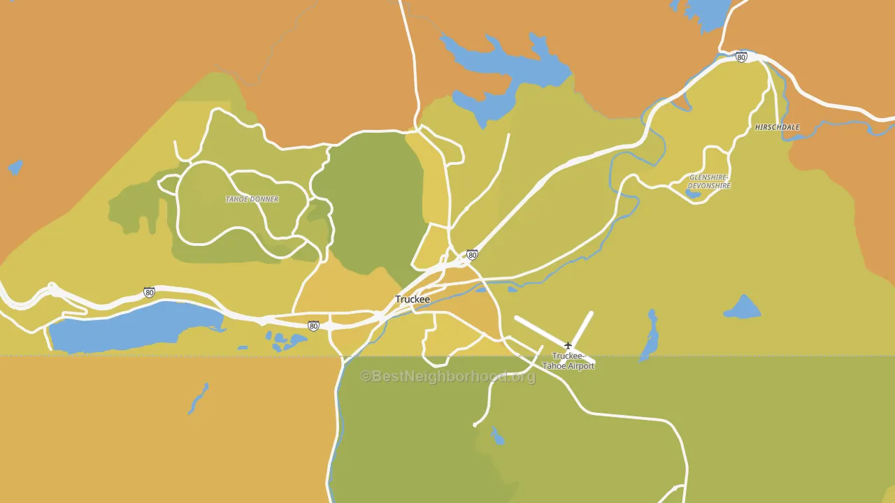 Map of the best neighborhoods in the Truckee area, with better matches in green and worse matches in red