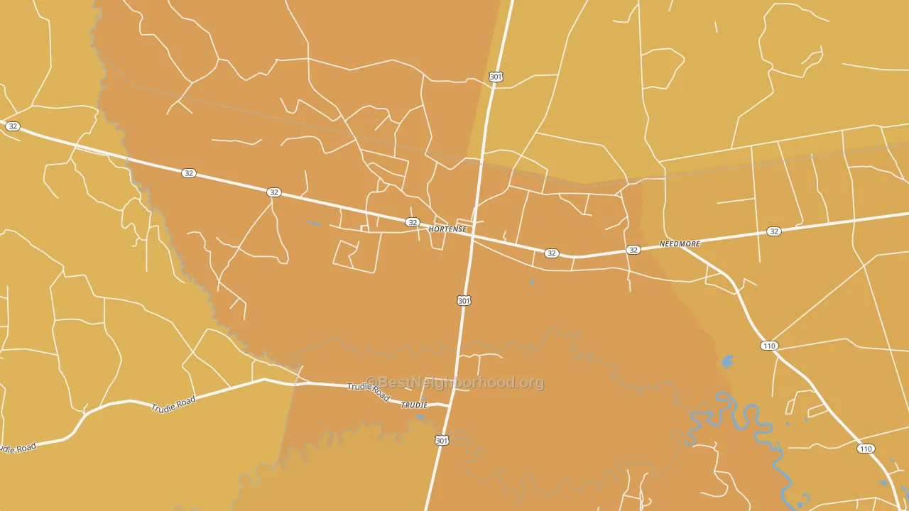 Map of the best neighborhoods in the Trudie area, with better matches in green and worse matches in red