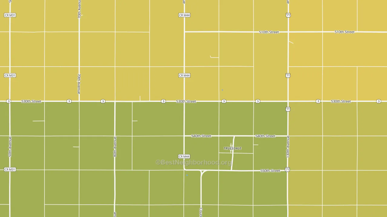 Map of the best neighborhoods in the Truesdale area, with better matches in green and worse matches in red