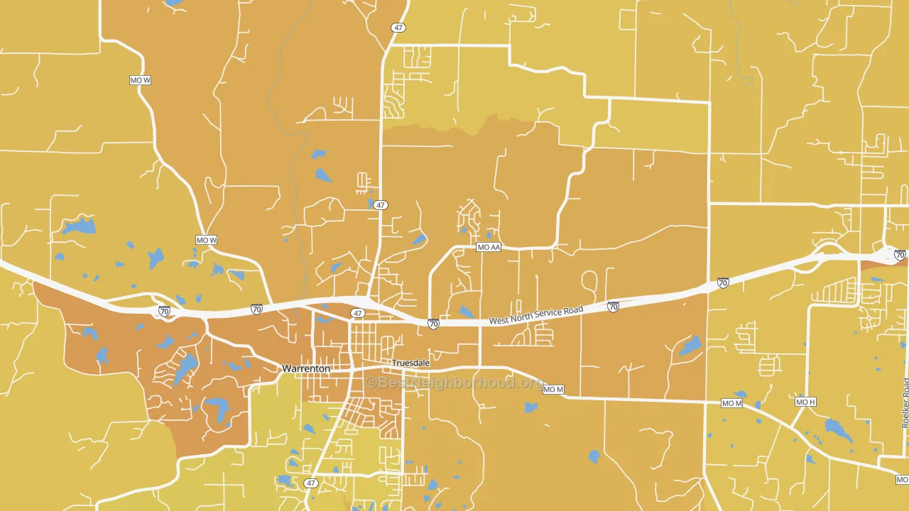 Map of the best neighborhoods in the Truesdale area, with better matches in green and worse matches in red