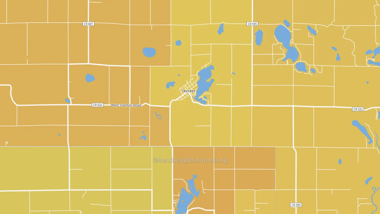 Map of the best neighborhoods in the Trufant area, with better matches in green and worse matches in red
