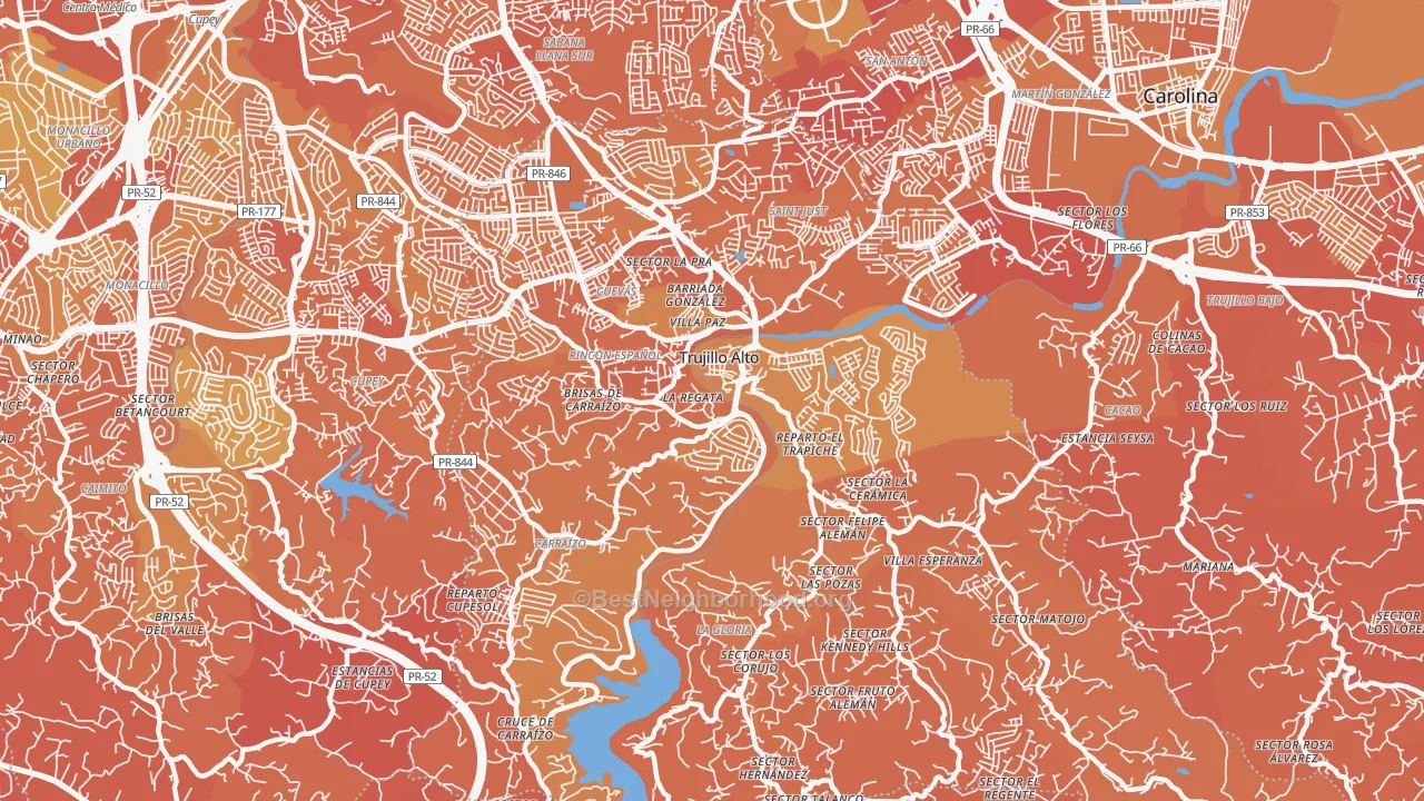 Map of the best neighborhoods in the Trujillo Alto Municipio area, with better matches in green and worse matches in red
