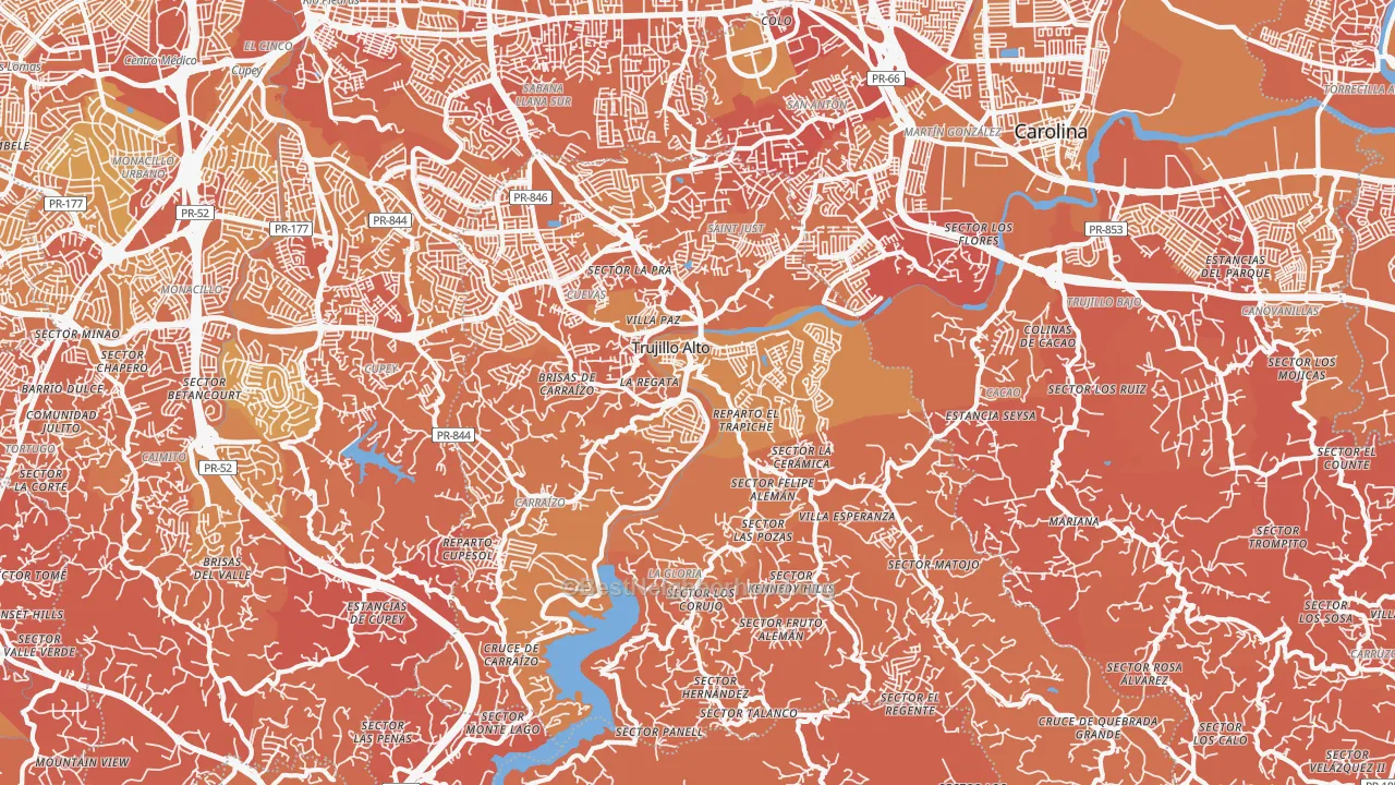 Map of the best neighborhoods in the Trujillo Alto area, with better matches in green and worse matches in red