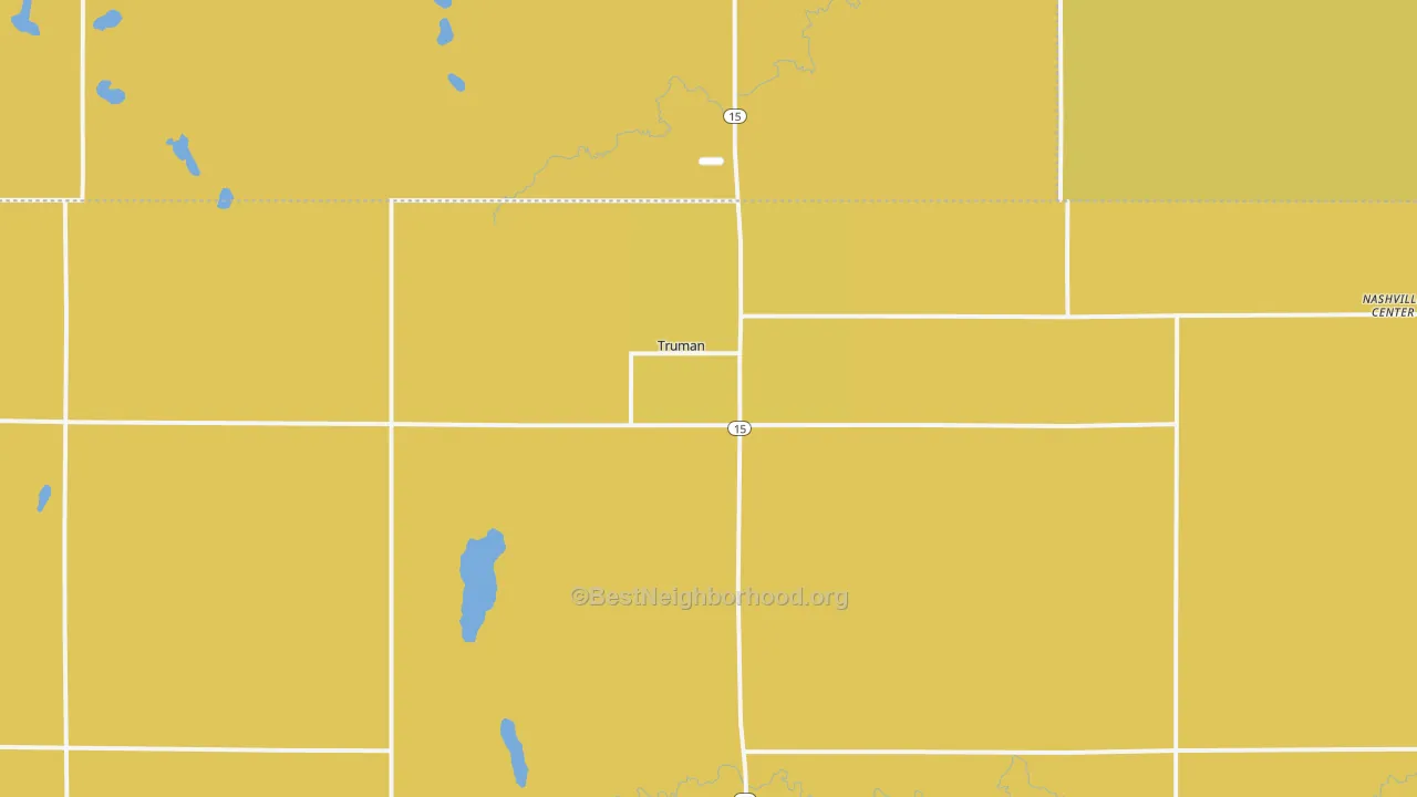Map of the best neighborhoods in the Truman area, with better matches in green and worse matches in red