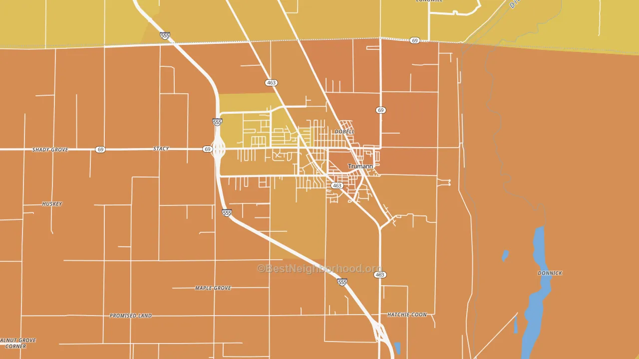 Map of the best neighborhoods in the Trumann area, with better matches in green and worse matches in red