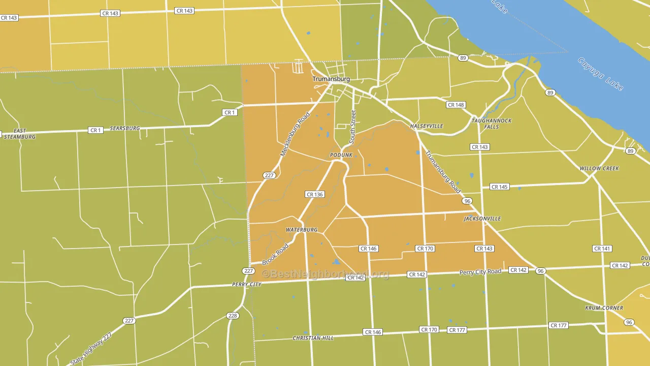 Map of the best neighborhoods in the Trumansburg area, with better matches in green and worse matches in red