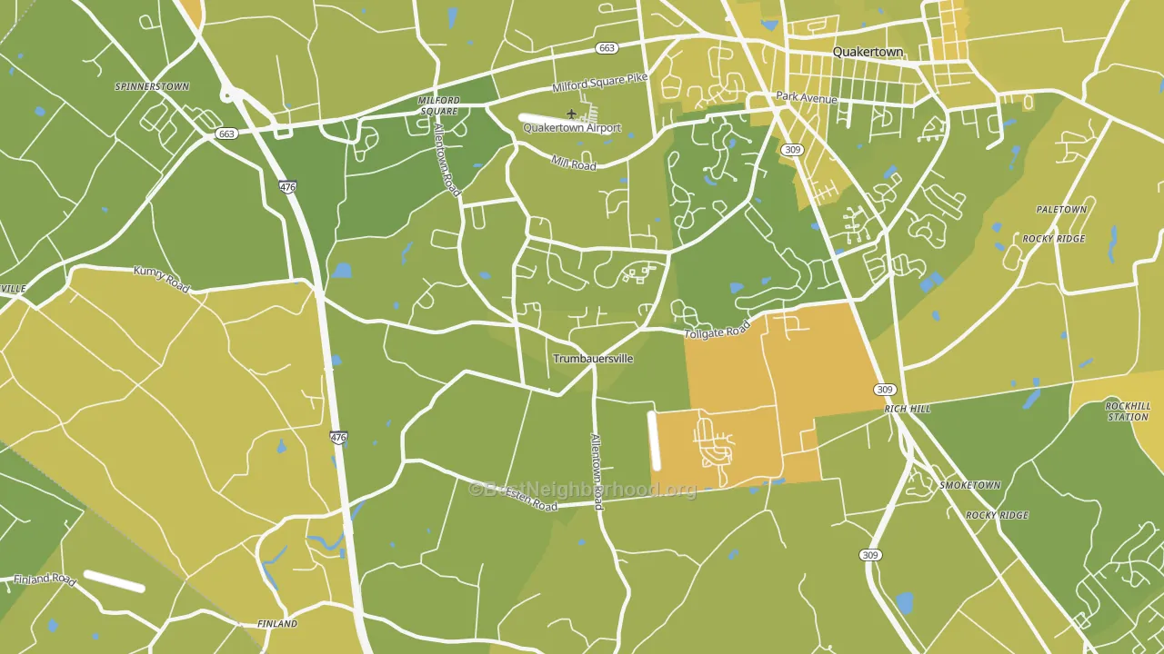 Map of the best neighborhoods in the Trumbauersville area, with better matches in green and worse matches in red
