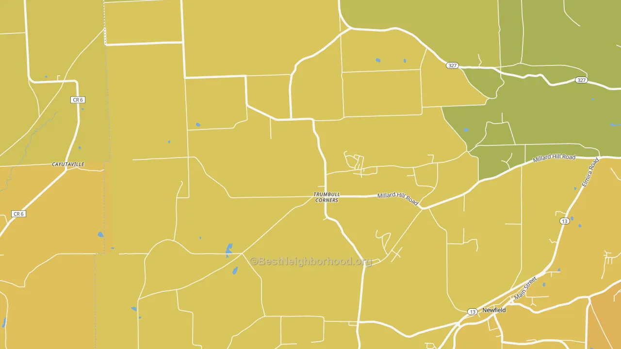 Map of the best neighborhoods in the Trumbull Corners area, with better matches in green and worse matches in red