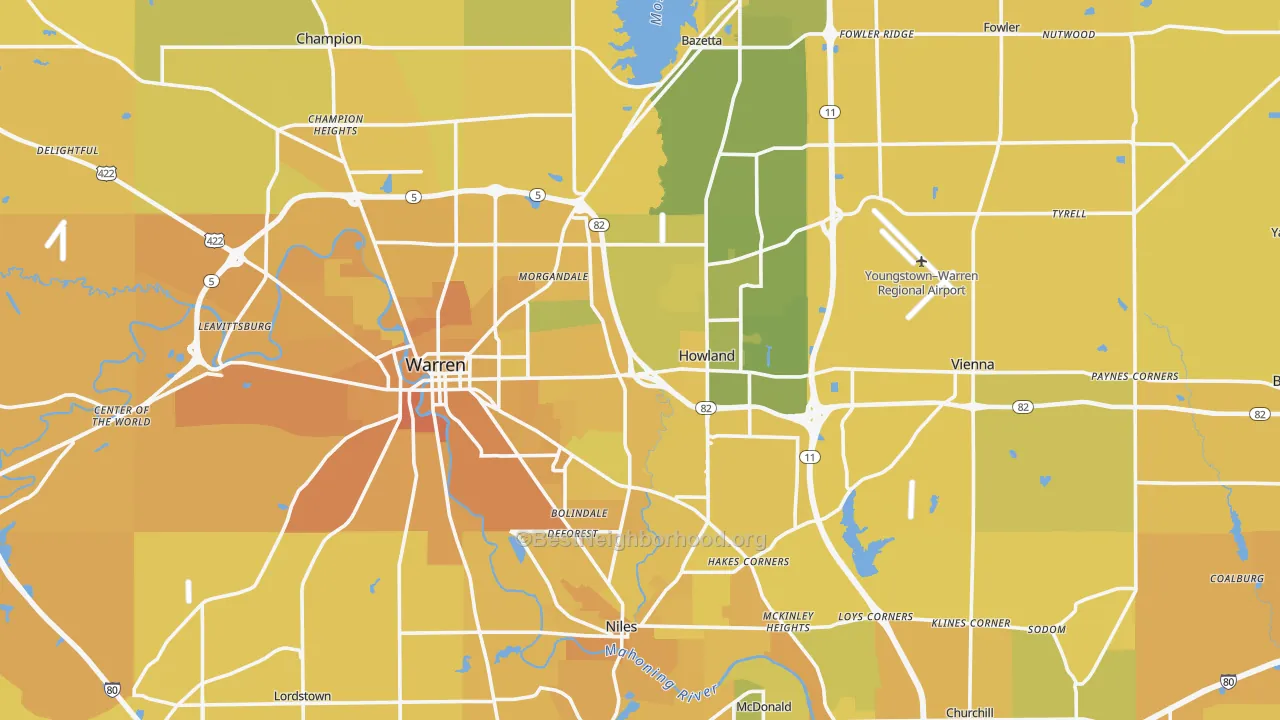 Map of the best neighborhoods in the Trumbull County area, with better matches in green and worse matches in red