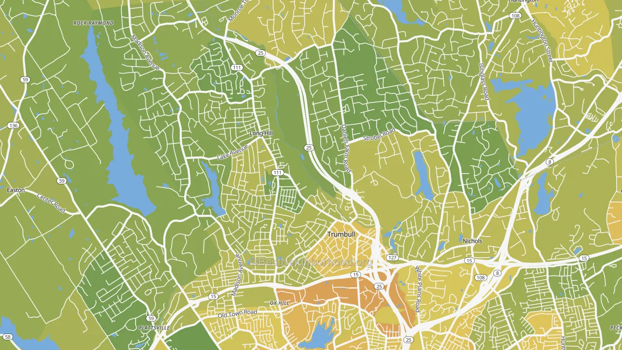Map of the best neighborhoods in the Trumbull area, with better matches in green and worse matches in red