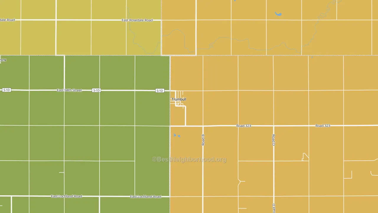 Map of the best neighborhoods in the Trumbull area, with better matches in green and worse matches in red