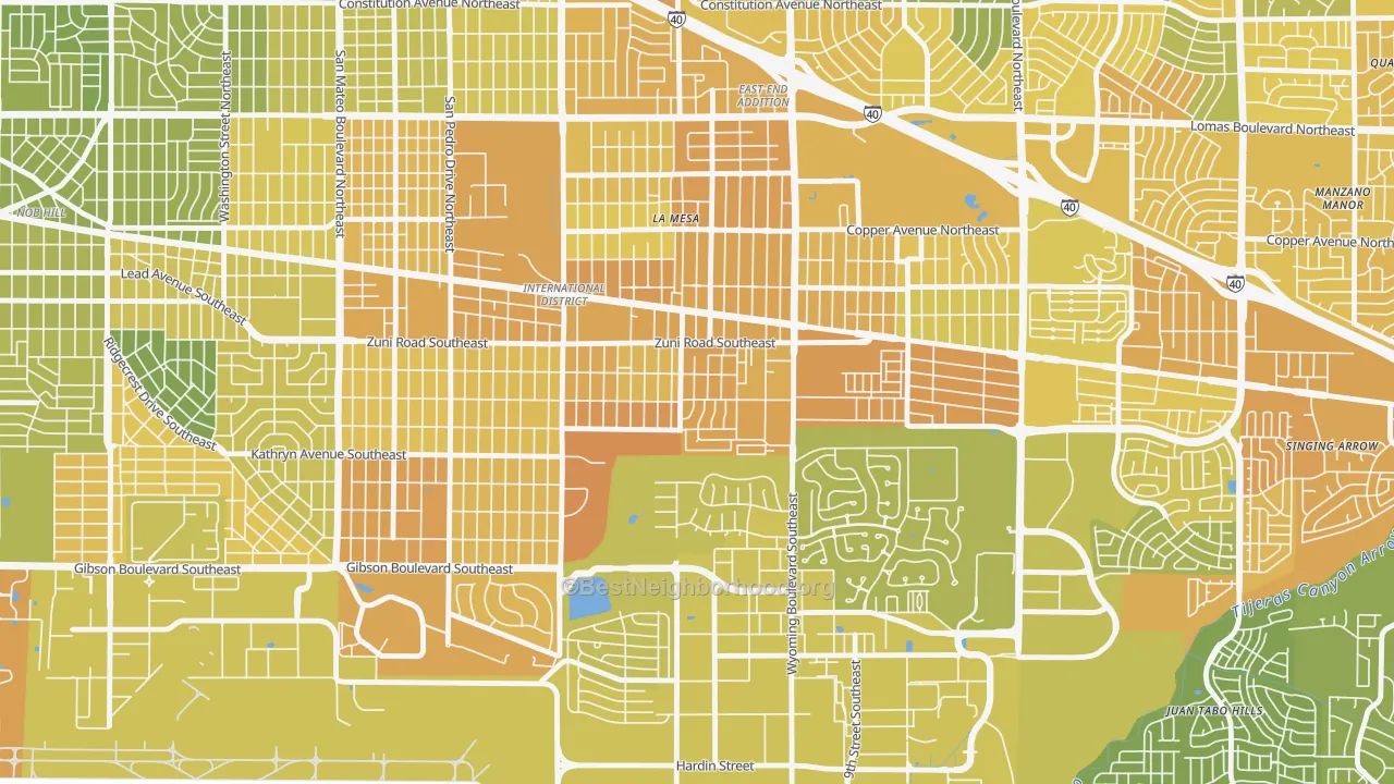 Map of the best neighborhoods in the Trumbull Village, Albuquerque area, with better matches in green and worse matches in red