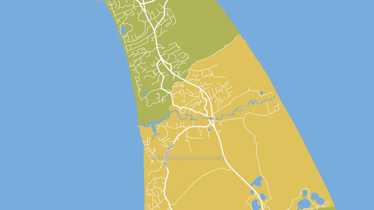 Map of the best neighborhoods in the Truro area, with better matches in green and worse matches in red