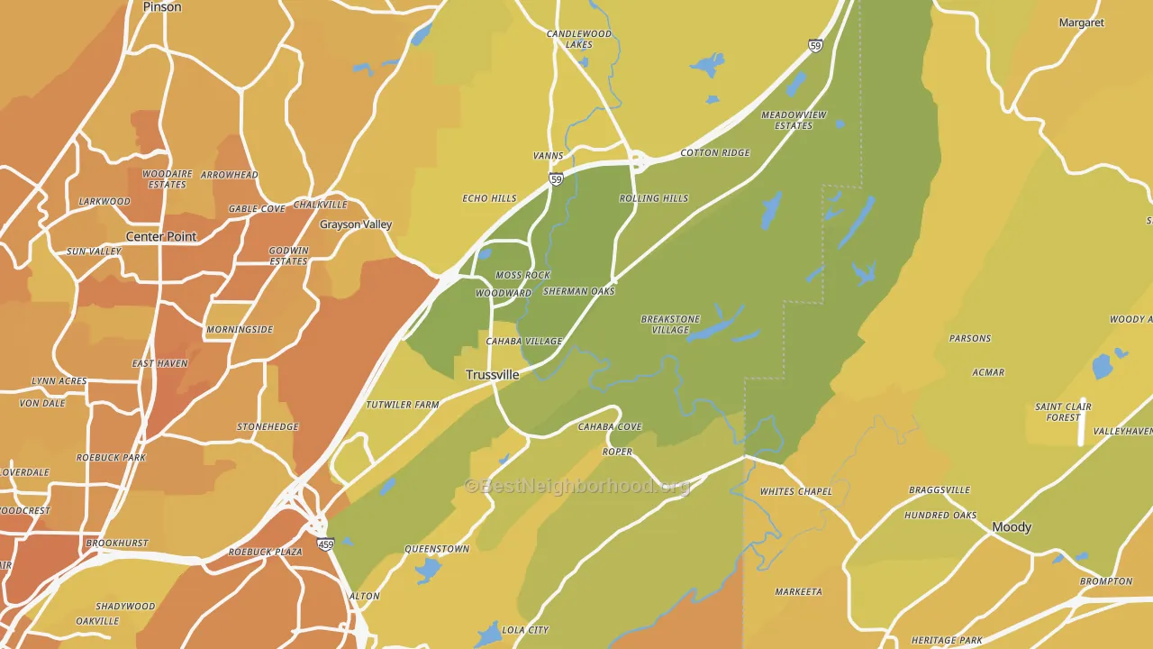 Map of the best neighborhoods in the Trussville area, with better matches in green and worse matches in red