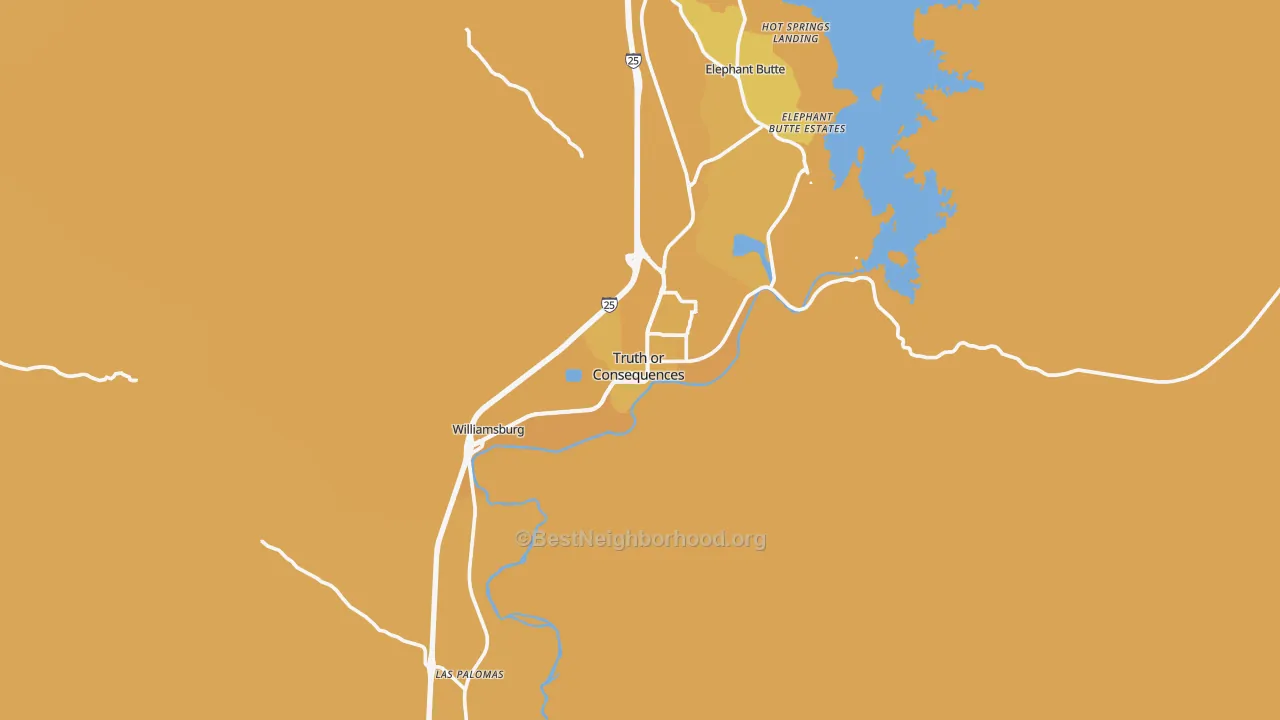 Map of the best neighborhoods in the Truth Or Consequences area, with better matches in green and worse matches in red