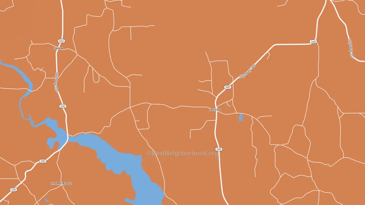 Map of the best neighborhoods in the Truxno area, with better matches in green and worse matches in red