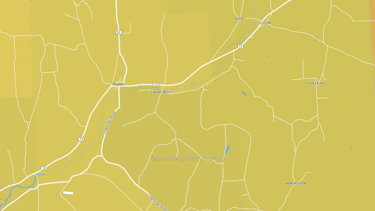 Map of the best neighborhoods in the Truxton area, with better matches in green and worse matches in red