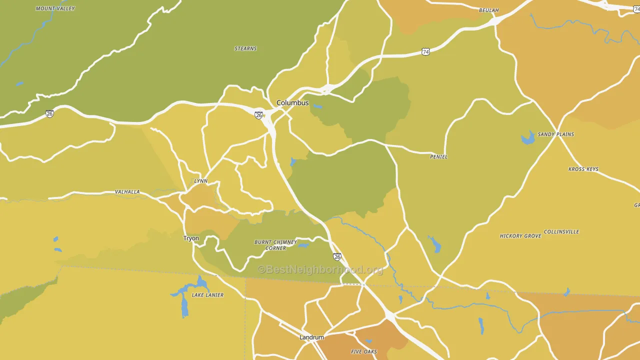 Map of the best neighborhoods in the Tryon area, with better matches in green and worse matches in red