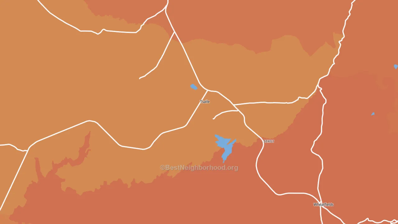 Map of the best neighborhoods in the Tsaile area, with better matches in green and worse matches in red