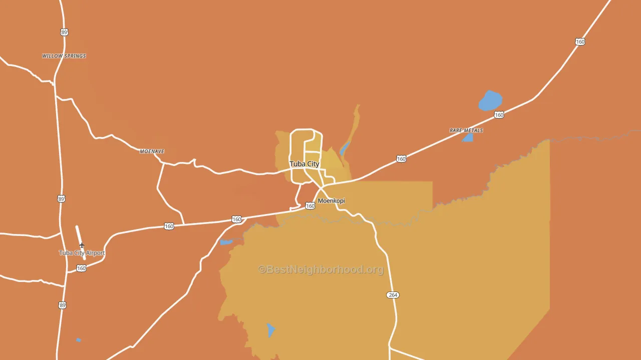 Map of the best neighborhoods in the Tuba City area, with better matches in green and worse matches in red