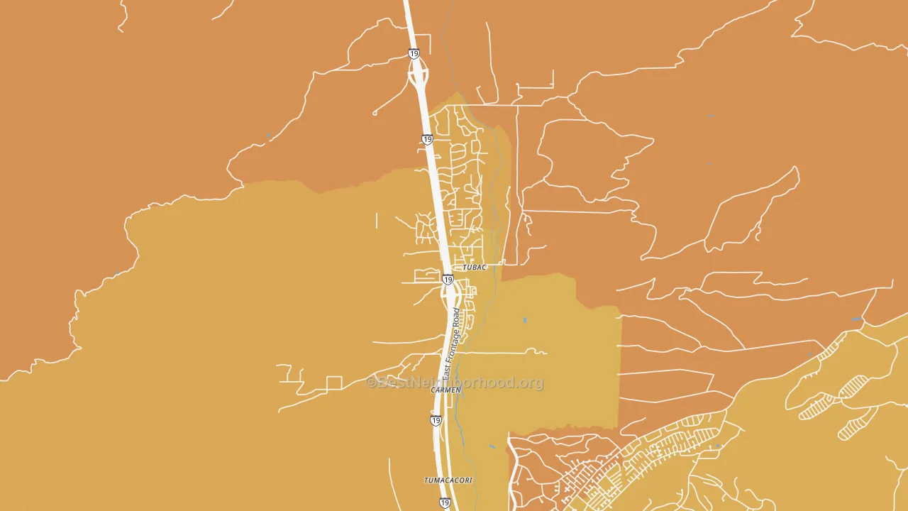 Map of the best neighborhoods in the Tubac area, with better matches in green and worse matches in red