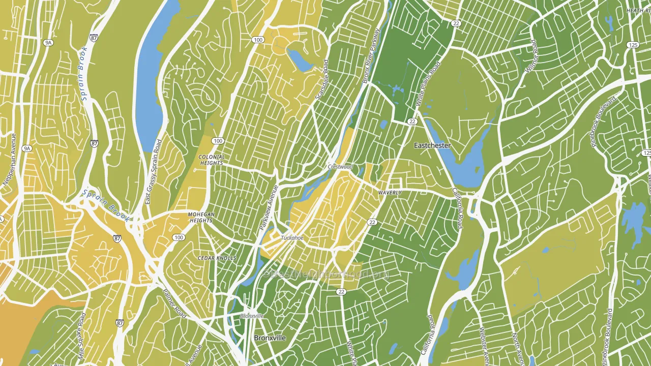 Map of the best neighborhoods in the Tuckahoe area, with better matches in green and worse matches in red