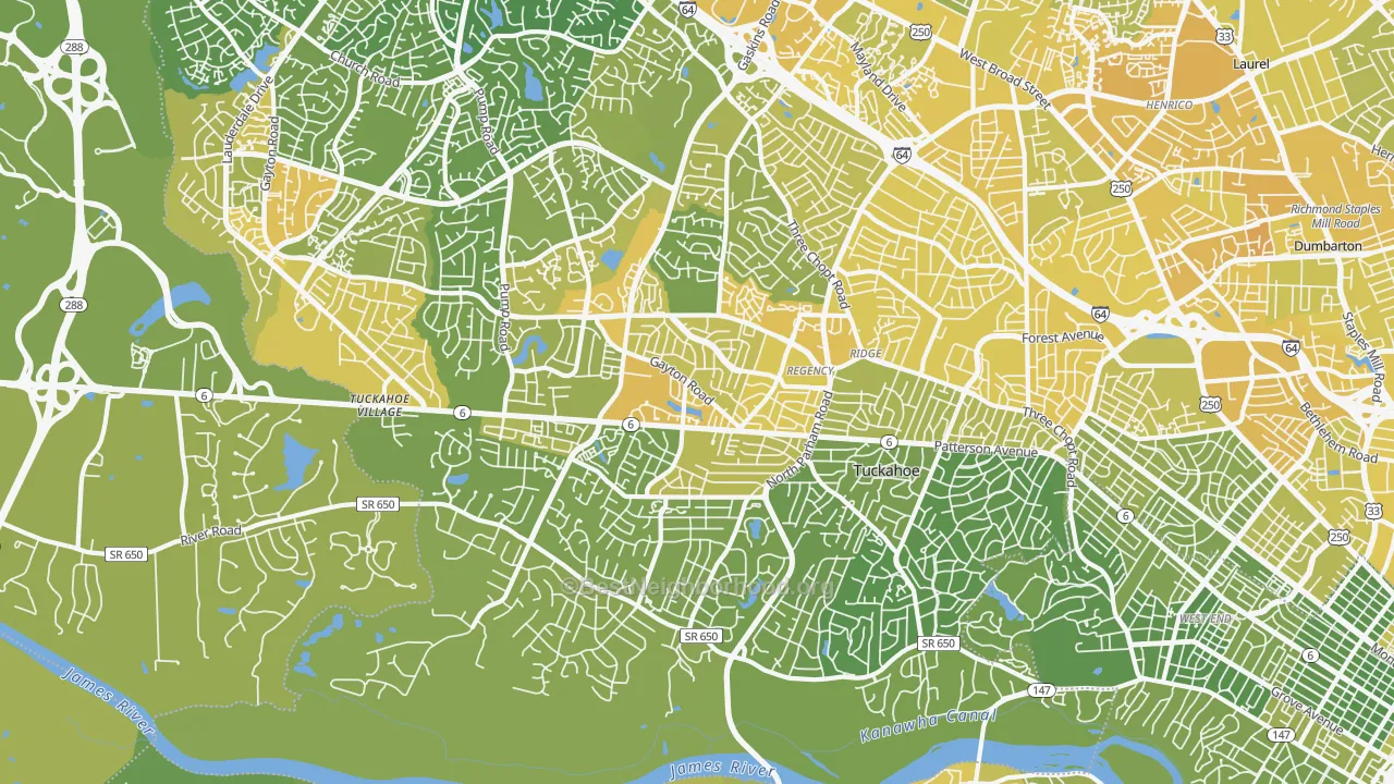 Map of the best neighborhoods in the Tuckahoe area, with better matches in green and worse matches in red