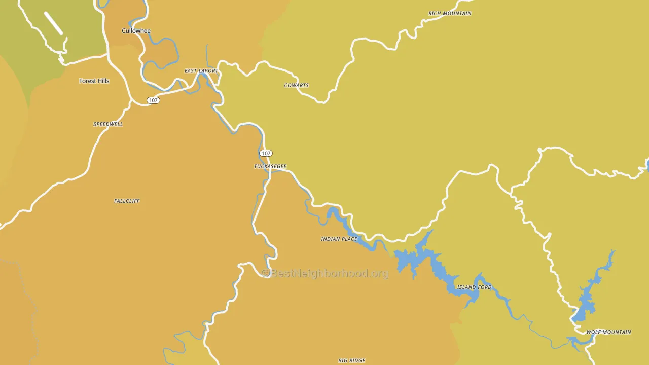 Map of the best neighborhoods in the Tuckasegee area, with better matches in green and worse matches in red
