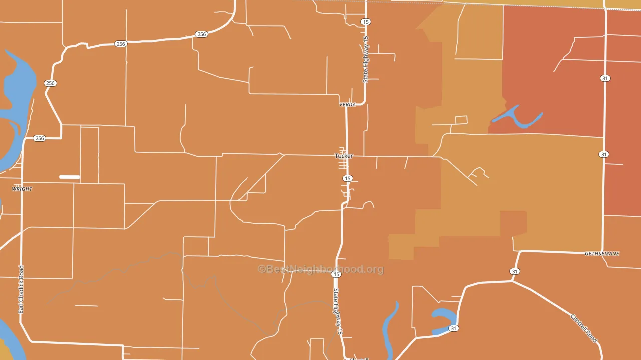 Map of the best neighborhoods in the Tucker area, with better matches in green and worse matches in red